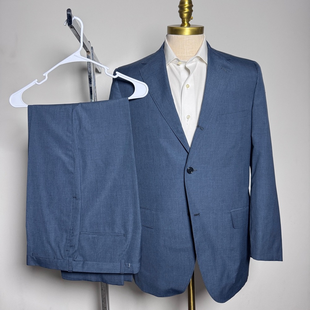 1970s Deansgate Suit Mens 41L 33x29 Blue Solid Vintage‎ Ivy League Wash & Wear